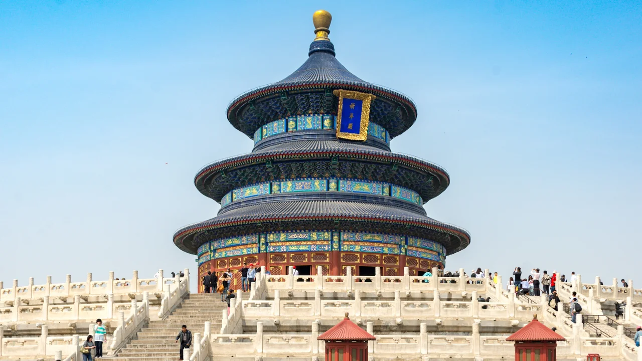 The round, triple-roofed Hall of Prayer for Good Harvests at the Temple of Heaven in Beijing under a clear blue sky
